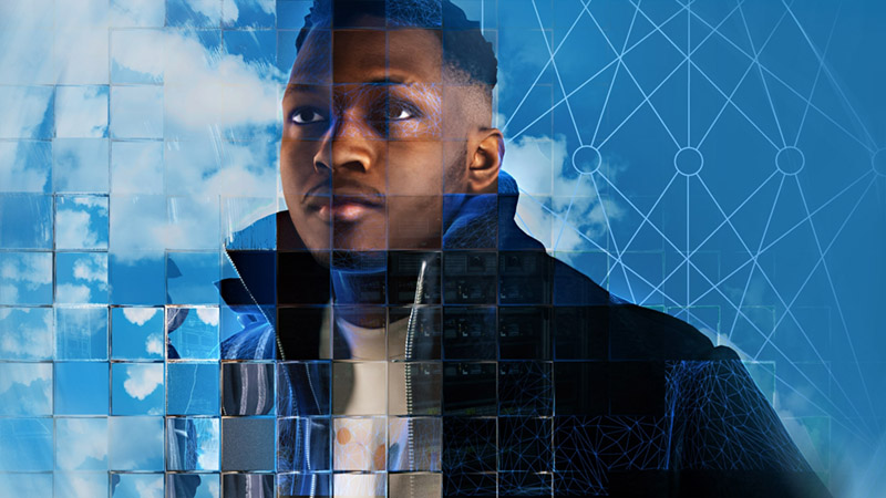 Awareness, Artificial Intelligence - A photographic rendering of a young black man standing in front of a cloudy blue sky, seen through a refractive glass grid and overlaid with a diagram of a neural network.