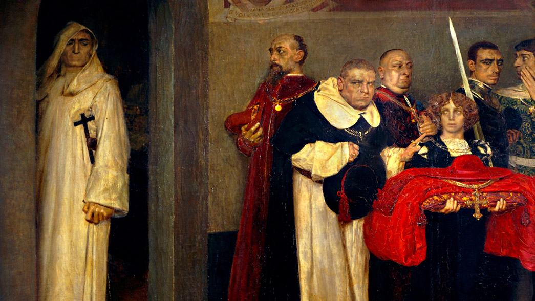 Savonarola refusing the honour offered by Pope Alexander VI, by Giulio Bargellini (1875-1936), 1897, oil on canvas. Renaissance, Italy, 15th century. Roman Museum in the Palazzo Braschi near Piazza Navona.