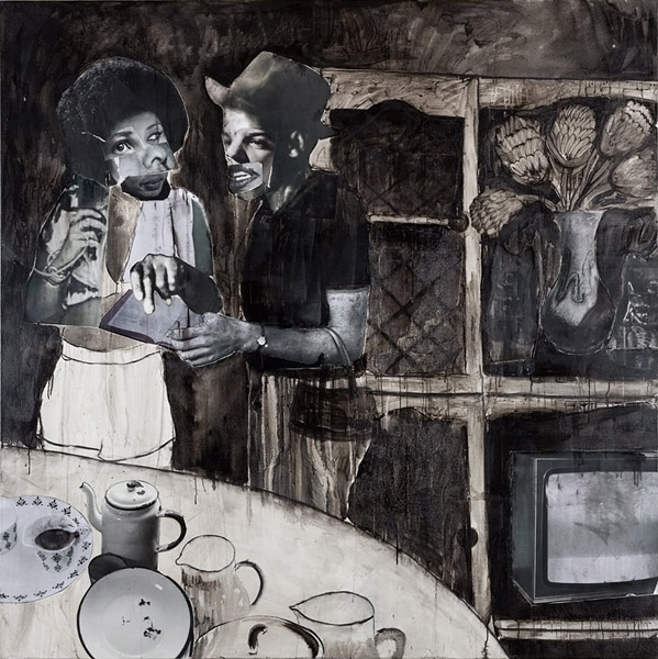  Bibele Collage, charcoal, liquid charcoal, & ink on canvas, 200cm x 200cm, 2022